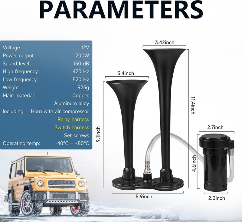 banhao Train Horn for Truck 150db Super Loud Truck Air Horn for Car with Compressor, Suitable for Any 12V Vehicles Train Car Ship Boat Lorry (12V, Black 2 tube horns with wire) - Image 3